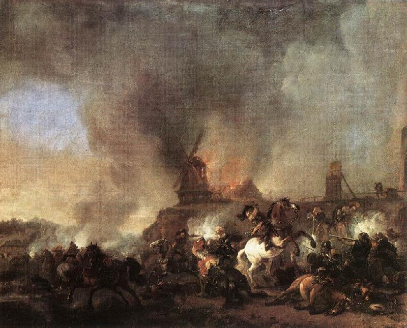 WOUWERMAN, Philips Cavalry Battle in front of a Burning Mill tfur China oil painting art